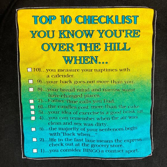 Vintage T-Shirt Men's Size L Black Top 10 Checklist Over The Hill Graphic - Picture 3 of 10